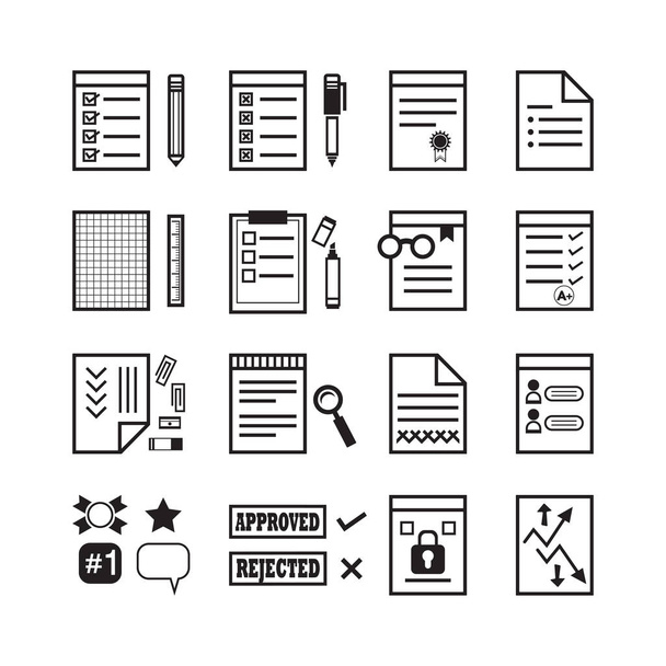 Linea nera carta da ufficio, documenti e cartelli di cancelleria icone impostate su sfondo bianco
 - Vettoriali, immagini