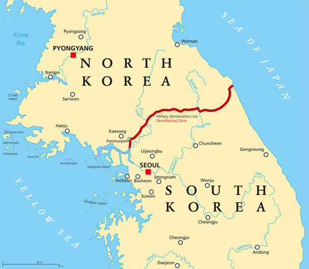 Koreai-félsziget, demilitarizált övezet, politikai térképe. Észak és Dél koreai katonai Demarkációs vonal, fővárosok, határok, a legfontosabb városok és a folyók. Magyar felirat. Illusztráció. Vektor. - Vektor, kép