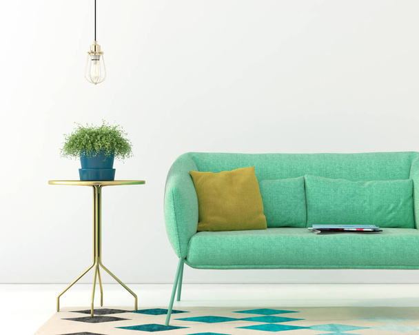 3 d イラスト。緑の家具とモダンなインテリア - 写真・画像