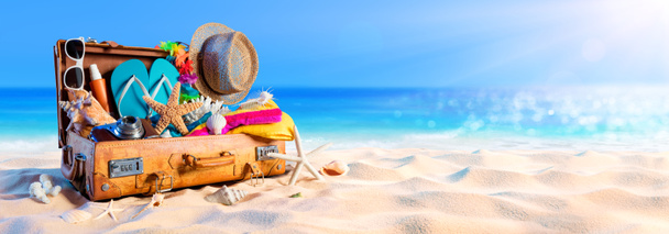 Beach Preparation - Accessories In Suitcase On Sand - Photo, Image