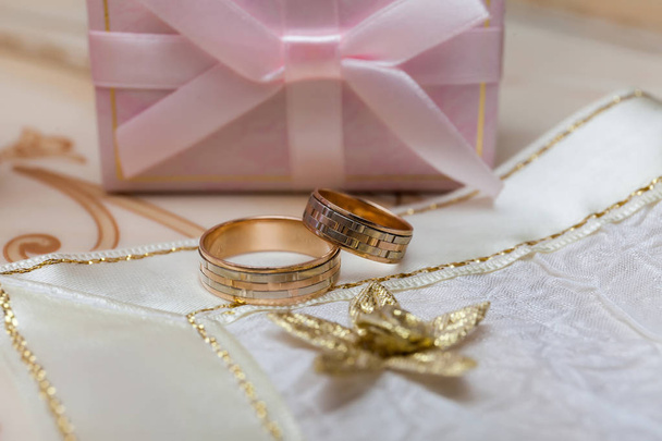 Wedding concept. Close-up of wedding rings with copy space. - Photo, Image