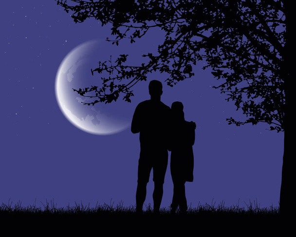 Двое влюбленных обнимаются и смотрят на светящуюся луну под романтическим фиолетовым ночным небом со звездами - вектор
 - Вектор,изображение