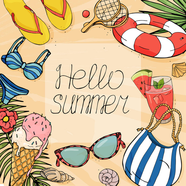 Colorful beach items in the style of the sketch. Hello summer vector banner design. - Vector, Image