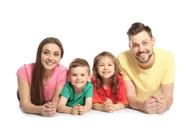 Happy family with cute children on white background - Fotoğraf, Görsel