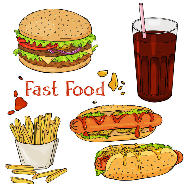 A set of hand-drawn fast food. Eating fast food for menus, and advertising or packaging. Sketch. Vector design - ベクター画像
