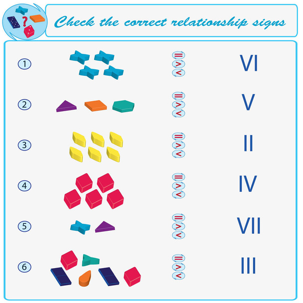 Tarefa lógica. Verifique os sinais de relacionamento corretos. Ilustração vetorial
 - Vetor, Imagem
