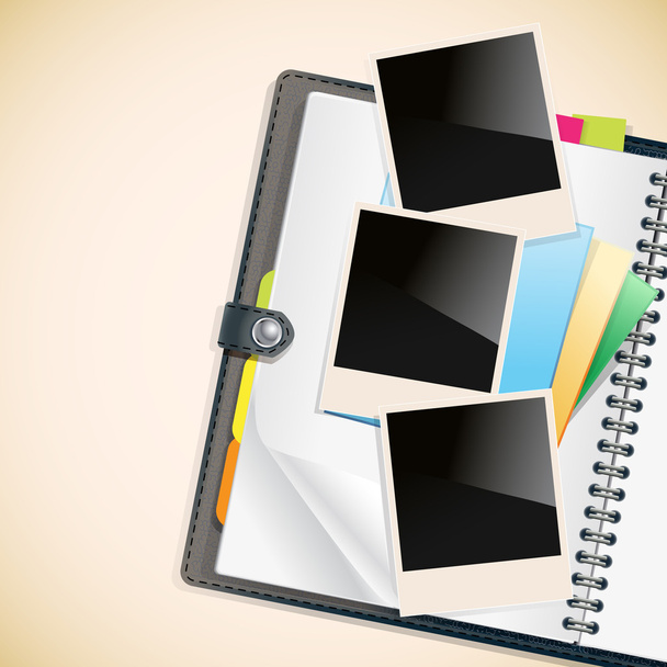 photo frames and notepad sheets on open diary - Vektor, Bild