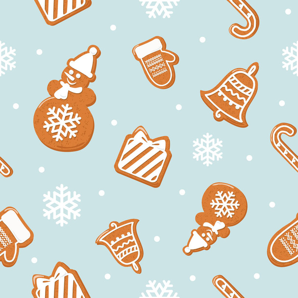 Christmas seamless pattern. Different Gingerbread cookies on pastel blue. - Vektori, kuva