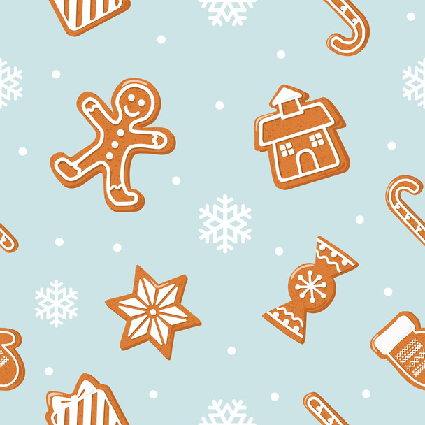 Christmas seamless background. Gingerbread man, house, candies on pastel blue. - Wektor, obraz
