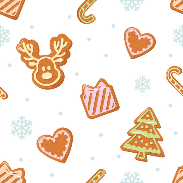 Christmas seamless pattern. Gingerbread cookies and snowflakes isolated on white. - Wektor, obraz