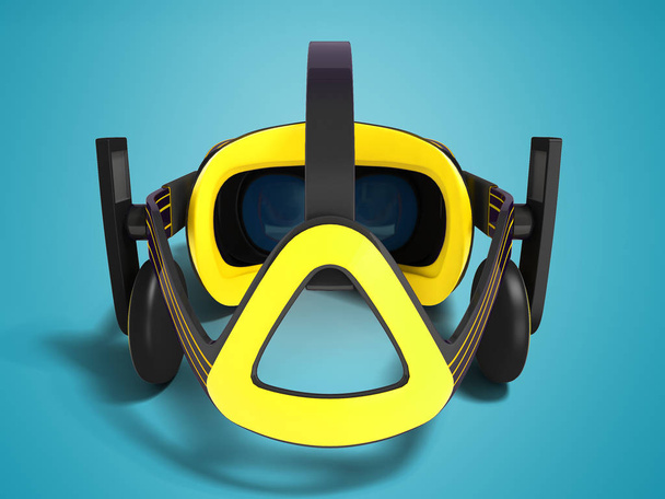 Современные черные очки виртуальной реальности с желтыми вставками за 3D рендеринг на синем фоне с тенью
 - Фото, изображение