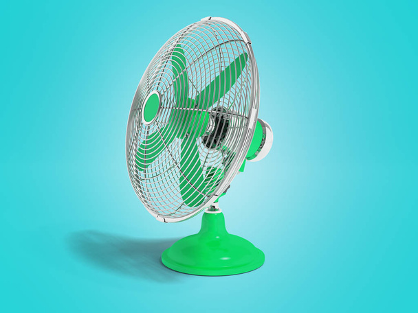 Modern green fan on the table to cool the room on the right 3d render not blue background with shadow - Photo, Image