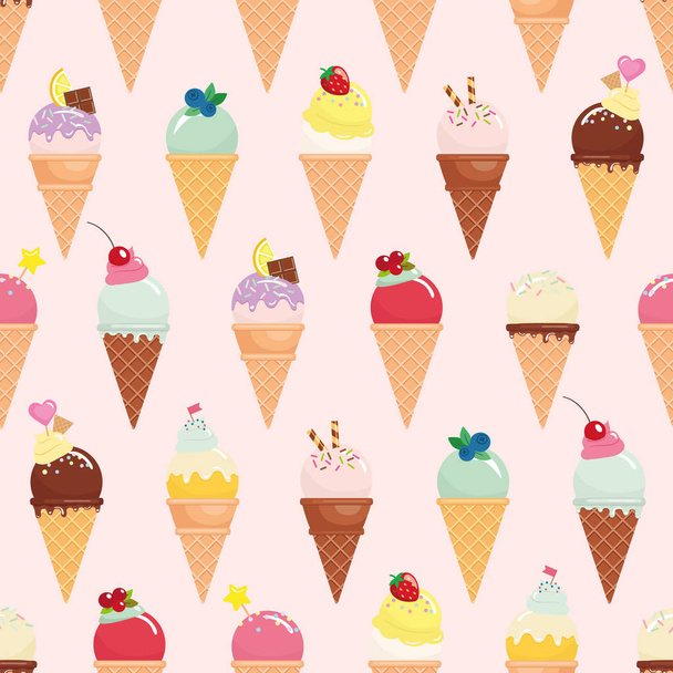 Ice cream cone seamless pattern background. Realistic. Bright and pastel colors. For print and web. Vector EPS10. - Vector, Image