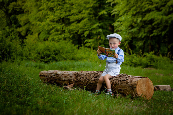 A litttle two year old Boy Sitting on a tree and Reads a Book. hildren Day - Fotó, kép
