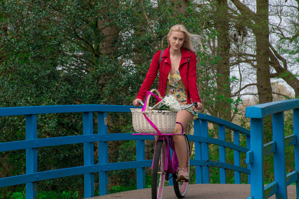 fille avec des fleurs sur le vélo
 - Photo, image