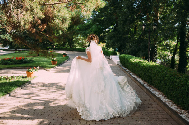 The blonde in a wedding dress and with a veil runs along the green avenue. The girl hurries to meet her fiance. - Photo, Image