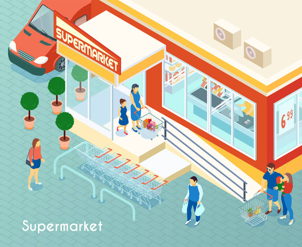 Supermarkt im Freien isometrischer Hintergrund - Vektor, Bild