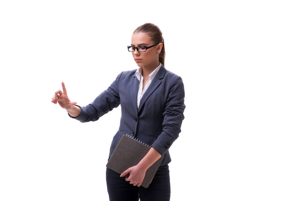 Young businesswoman pressing virtual button on white - Foto, imagen