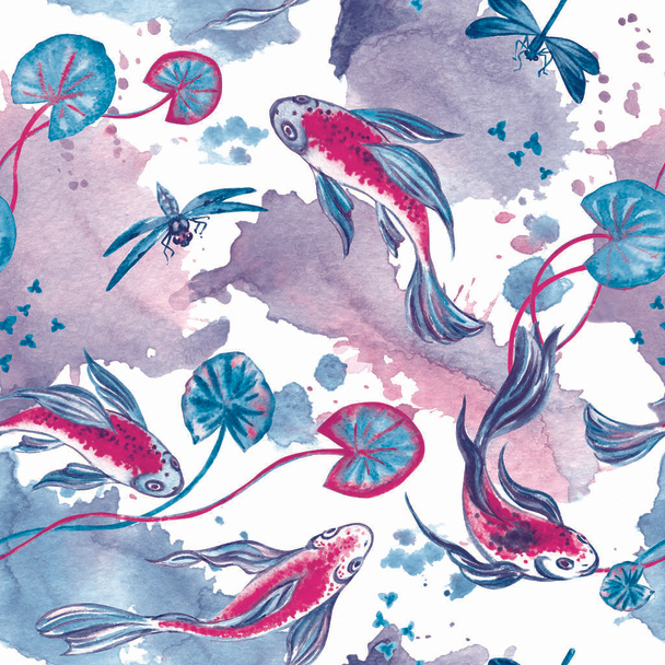 Seamless pattern of koi fish, dragonflies and water plants, watercolor drawing. - Fotó, kép
