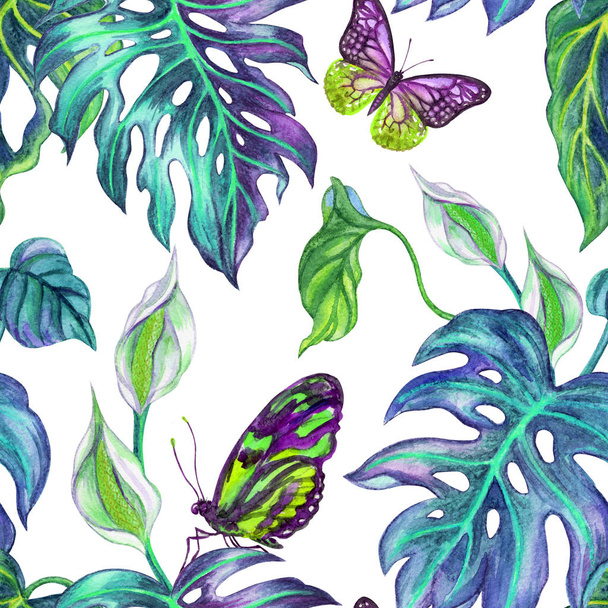 Seamless watercolor pattern from tropical plants and butterflies. - Foto, Imagem