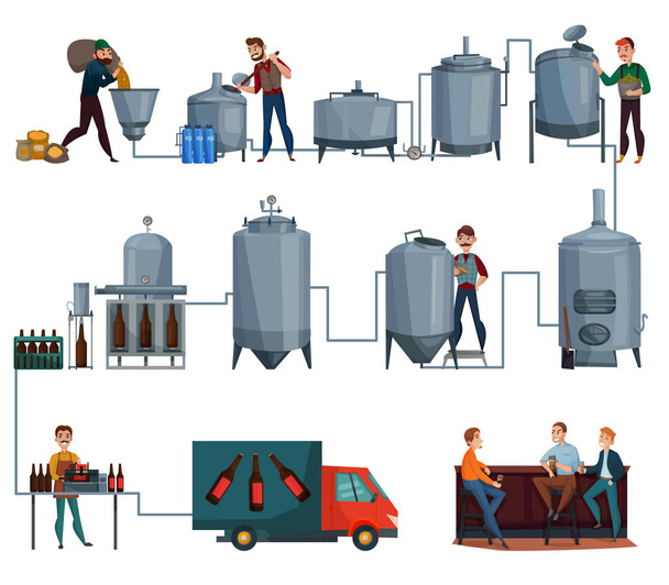 Beer Production Cartoon Set - Vector, Image