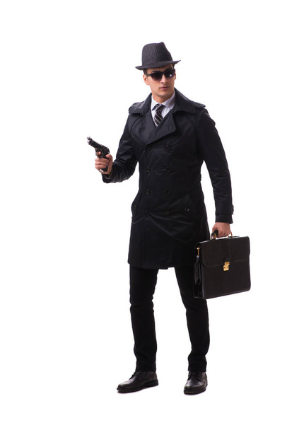 Man spy with handgun isolated on white background - Photo, Image