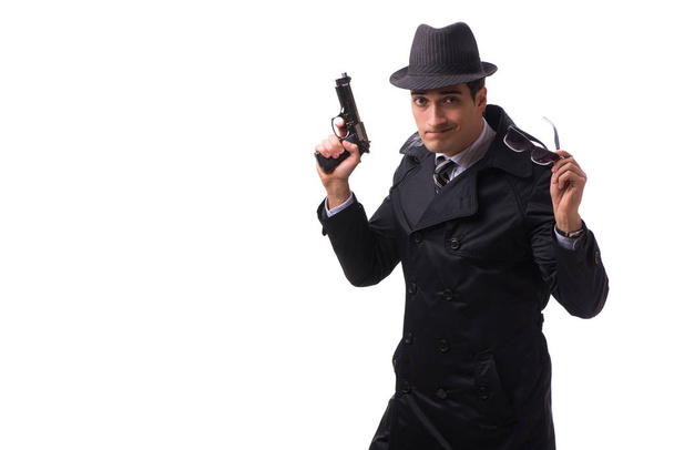 Άνθρωπος κατάσκοπος με περίστροφο απομονώνονται σε λευκό φόντο - Φωτογραφία, εικόνα