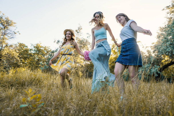Троє дівчат друзі на відкритому повітрі в парку або лісі
 - Фото, зображення