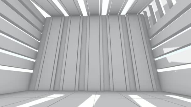 Vlieg door naar futuristische witte kleur met abstracte gebouw in ruime interieur. 3D animatie - Video