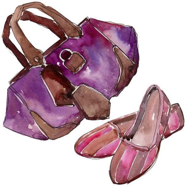 Обувь розовый и фиолетовый мешок эскиз моды гламурная иллюстрация в акварельном стиле изолированы. Эскиз моды Aquarelle для фона, текстуры, обертки, рамки или рамки
. - Фото, изображение