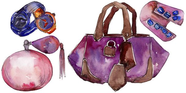 Fashionable accessories sketch fashion glamour illustration in a watercolor style isolated. Aquarelle fashion sketch for background, texture, wrapper pattern, frame or border. - 写真・画像