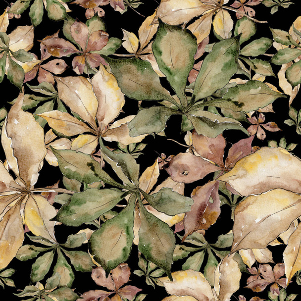 Őszi gesztenye levelek. Leveles növény botanikus kert virágos lombozat. Varratmentes háttérben minta. Az Aquarelle levél a háttér textúra, burkoló minta, keret vagy határ. - Fotó, kép