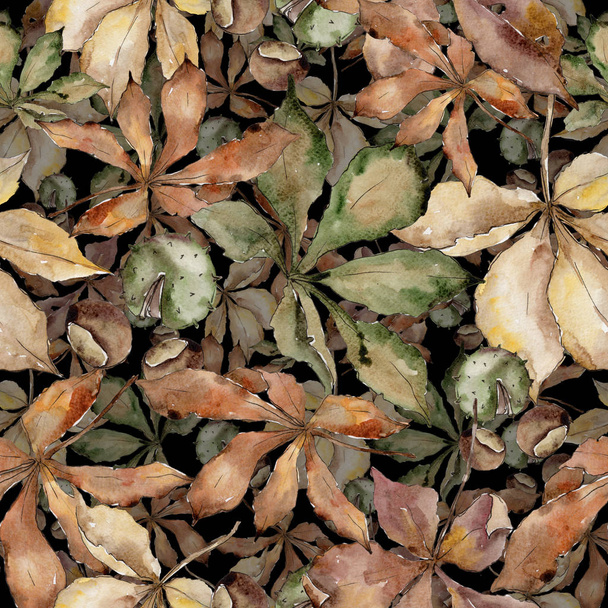 Autumn chestnut leaves. Leaf plant botanical garden floral foliage. Seamless background pattern. Aquarelle leaf for background, texture, wrapper pattern, frame or border. - Photo, Image