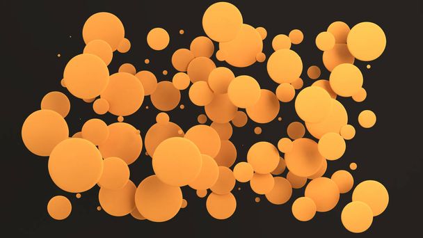 Orange discs of random size on black background. Abstract background with circles. Cloud of circles in front of wall. 3D rendering illustration - 写真・画像