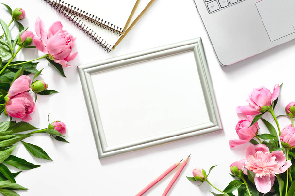 Blogger's background with a frame for a text, flat lay composition  - Fotoğraf, Görsel