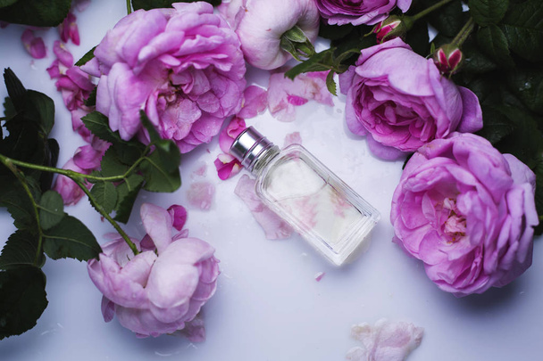 Nainen hajuvesi vaaleanpunaisia kukkia
 - Valokuva, kuva