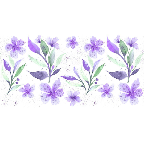 Seamless floral botanical border. Watercolor drawing. Delicate pastel colors. Suitable for fabric, ceramic tile, cover, wrapping paper. Purple and green on white background. - Foto, Imagem