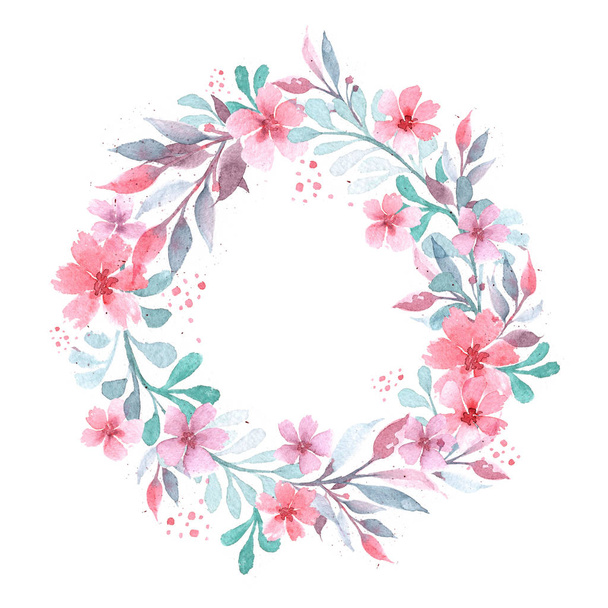 Summer floral watercolor wreath. For postcards, web, cloth, covers. Pink flowers, emerald green on a white background. - Foto, afbeelding