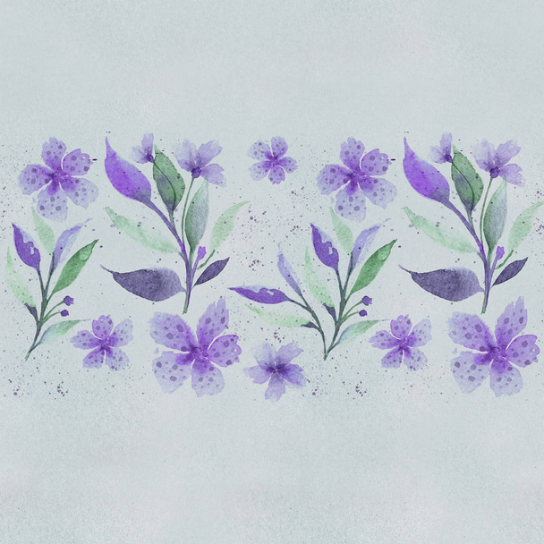 Seamless floral botanical border. Watercolor drawing. Delicate pastel colors. Suitable for fabric, ceramic tile, cover, wrapping paper. Purple and green on a light green toned background. - Фото, изображение