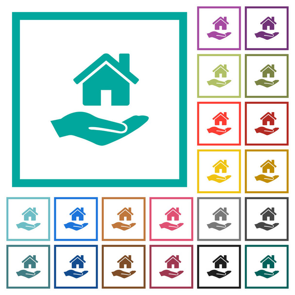 Wohngebäudeversicherung flache Farbsymbole mit Quadrantenrahmen auf weißem Hintergrund - Vektor, Bild