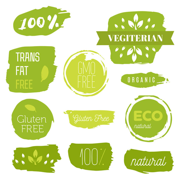 Symbole für gesunde Lebensmittel, Etiketten. Organische Etiketten. Natürliche Produktelemente. Logo für vegetarische Speisekarte im Restaurant. Raster-Illustration. Niedrige Fettmarke. Ökoprodukt. - Vektor, Bild