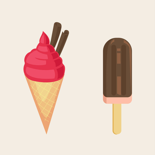 Ice-cream illustration set. Cold desserts set of balls of ice-cream in small wafer cones and fruit ice. - Vettoriali, immagini