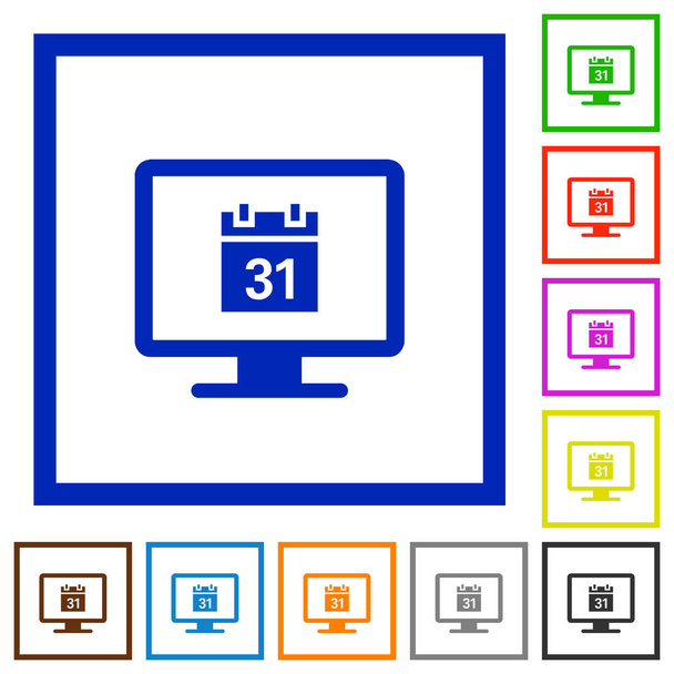 Online kalendář ploché barevné ikony v čtverečních rámy na bílém pozadí - Vektor, obrázek