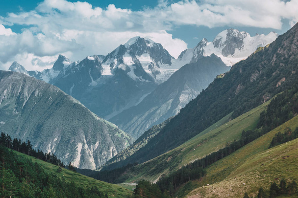 Mountain river Baksan, ravine Adyr-Su, Elbrus area, Greater Caucasus Range. Elbrus, mountains in summer. Greater Caucasus Mountains from Mount Elbrus - 写真・画像
