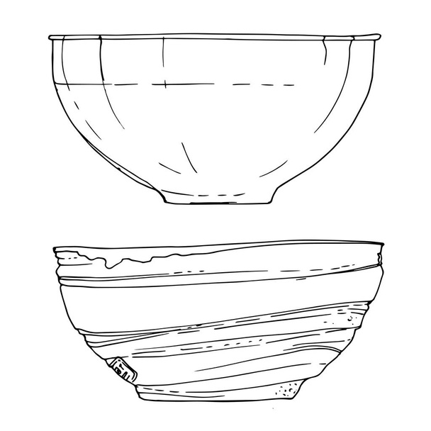 Bowls of painted lines on a white background. Set of dishes. Sketch - Vektori, kuva
