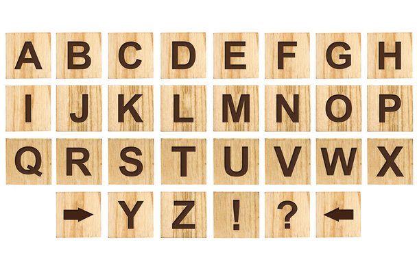 Alfabeto inglese da cubi di legno. Segni e simboli. Istruzione
. - Foto, immagini