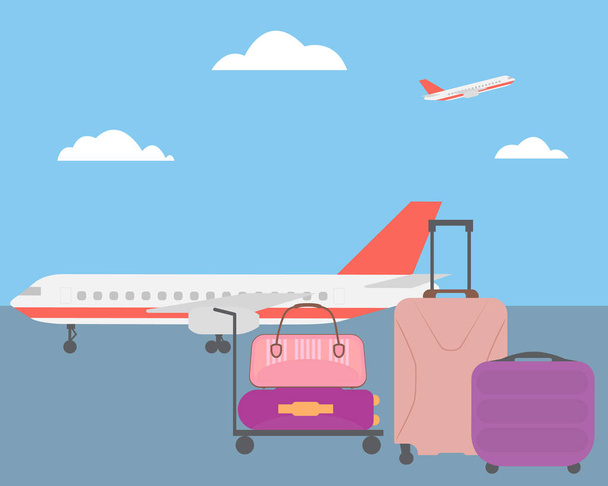 Platte ontwerp illustratie van bagage op de luchthaven met vliegtuigen in de achtergrond, onder een blauwe hemel met wolken - vector, geschikt als reclame voor reizen - Vector, afbeelding