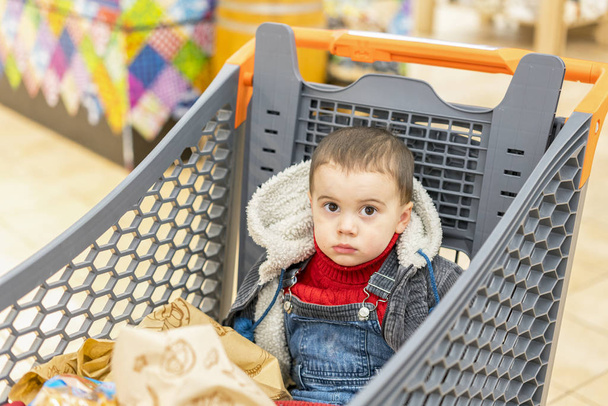 Boy 2 years in a supermarket, sitting in a cart full of various products - Foto, afbeelding