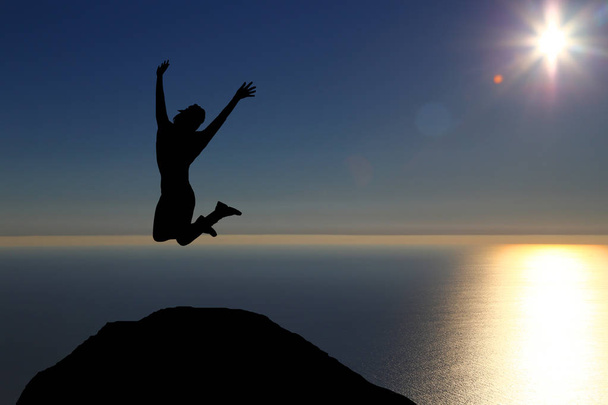 yksi kaunis siluetti tyttö hyppää auringonlaskun aikaan
 - Valokuva, kuva