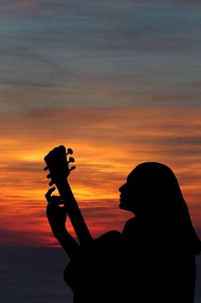 silhueta de menina tocando guitarra no fundo do mar e um belo pôr do sol
 - Foto, Imagem